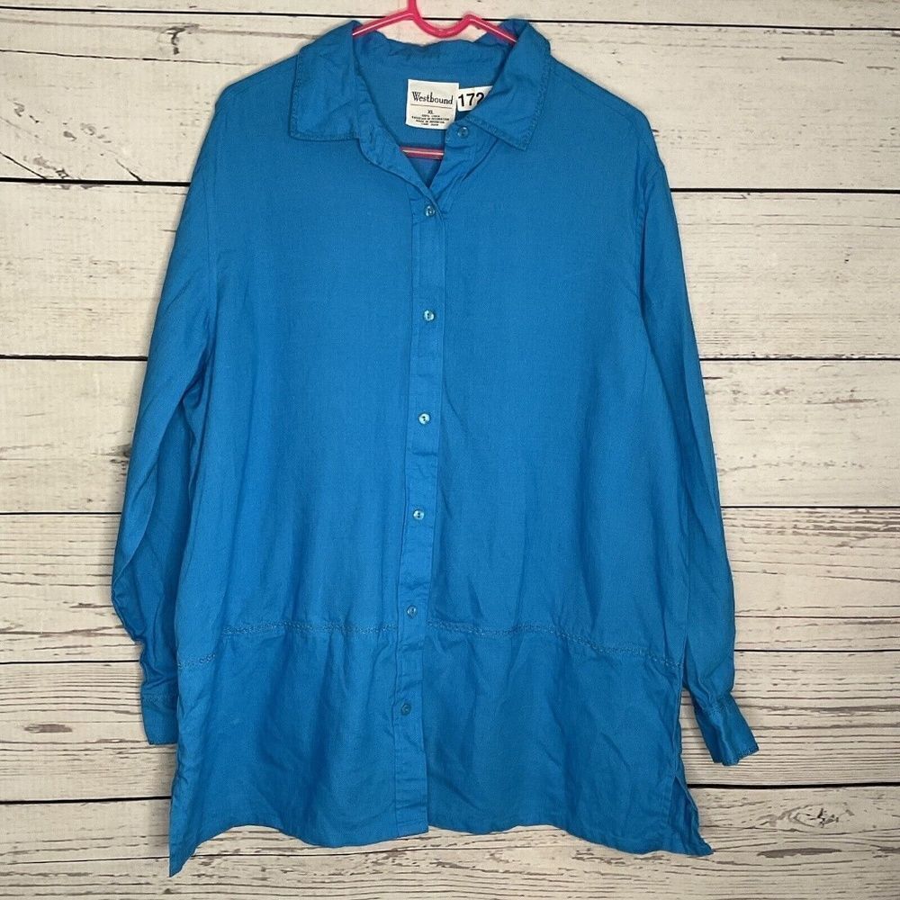 NWOT Westbound Womens Blue 100% Linen Button Up Tunic Blouse Size XL